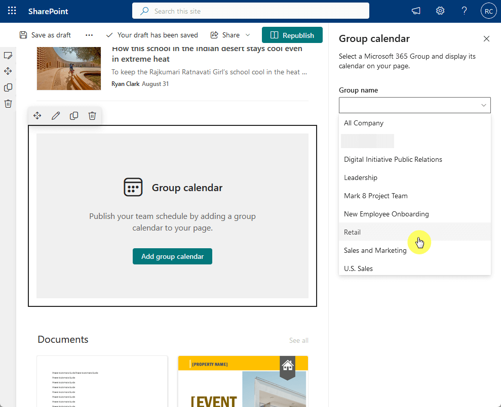 add the retail group calendar to the web part