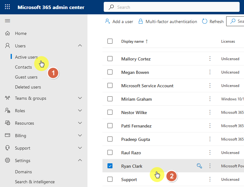 select the name of the user to give license to
