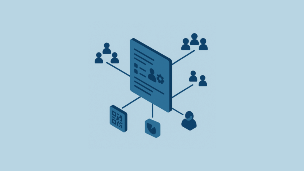 An isometric illustration of a digital form with various sharing options