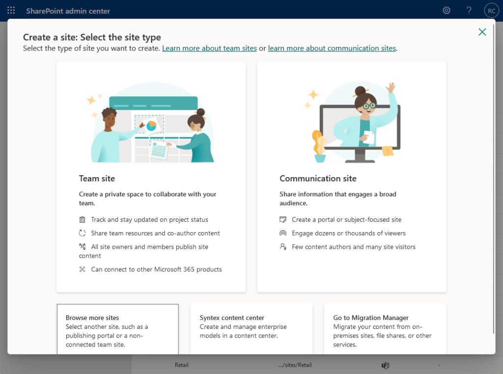 create a new site: select the site type