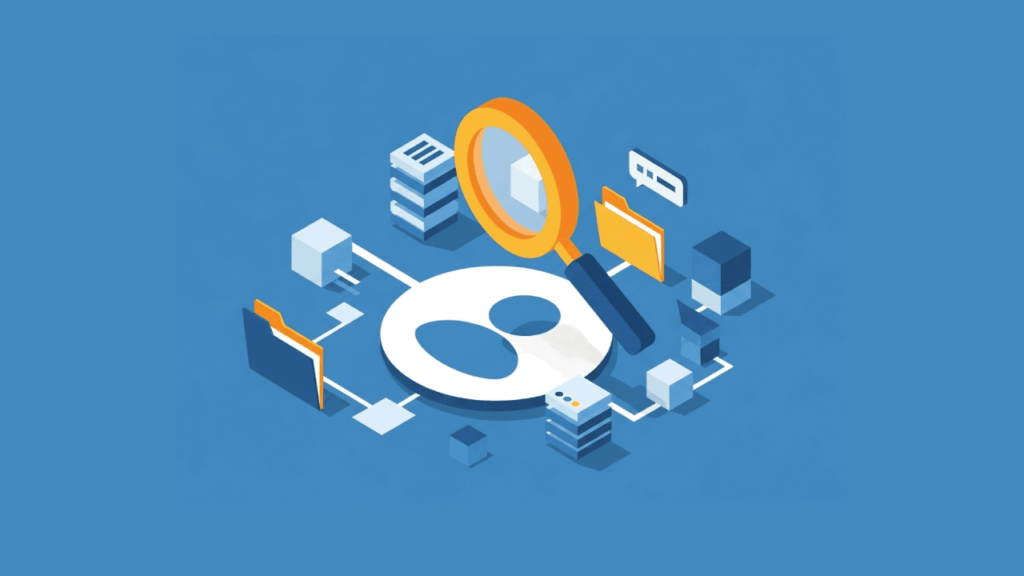 Flat design illustration showing a magnifying glass examining a network of folders, cubes, and server icons on a blue background, symbolizing searching for data or identifying a SharePoint site owner.