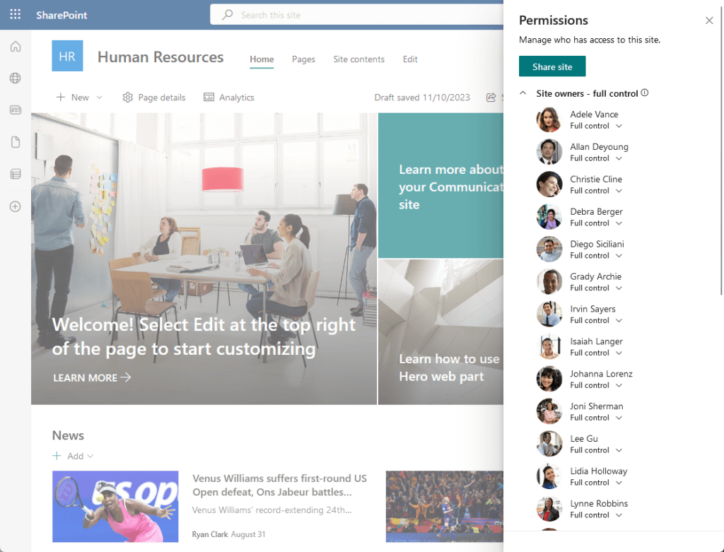 SharePoint site titled “Human Resources” showing the “Permissions” panel on the right. The panel lists “Site owners – full control” with several members, including Adele Vance, Allan Deyoung, and others. The main page displays a welcome message encouraging users to edit the page and customize the site.