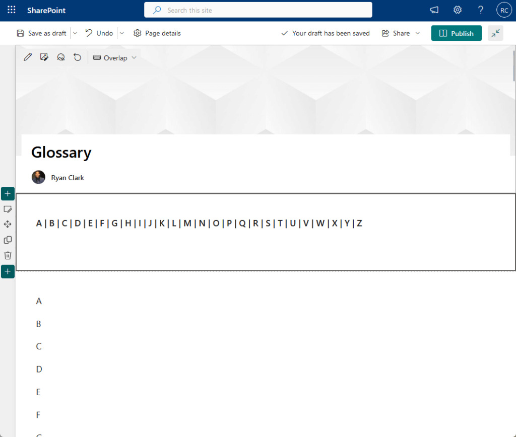 putting the letters as menu and section heads