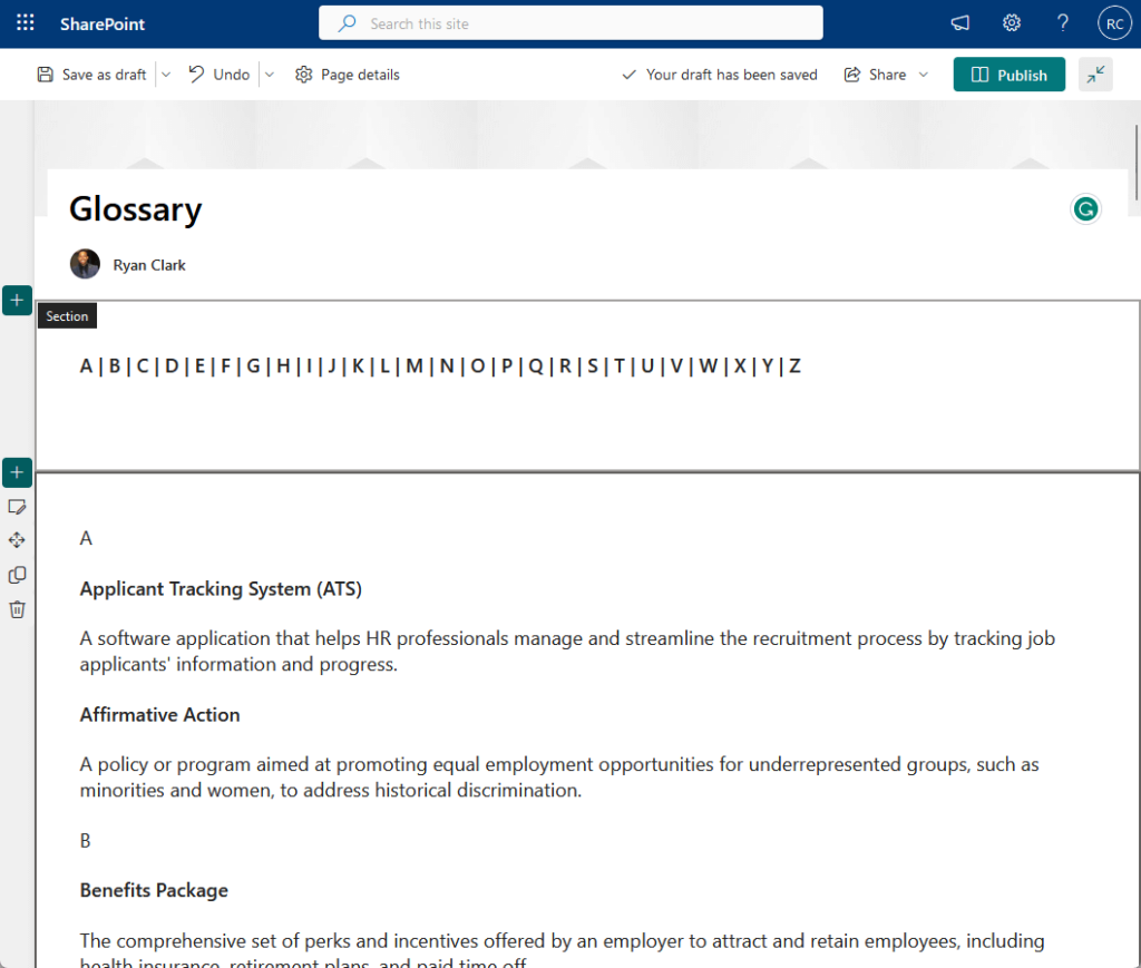 adding the terms and topics in the glossary