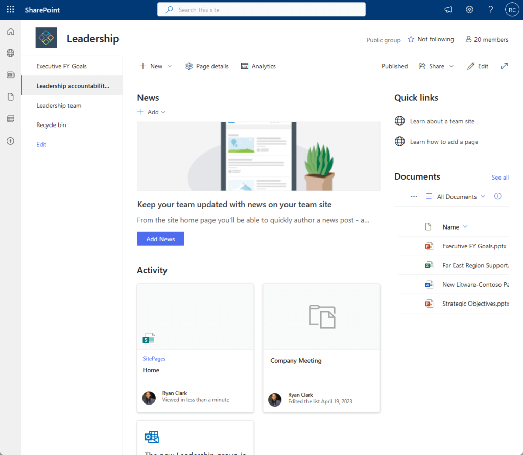example of a modern team site in sharepoint