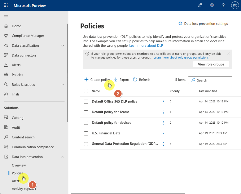 create policy under data loss prevention