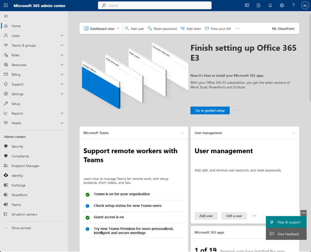 home page of the microsoft 365 admin center