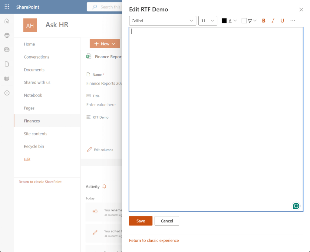rich text editor control enabled in the rich text column