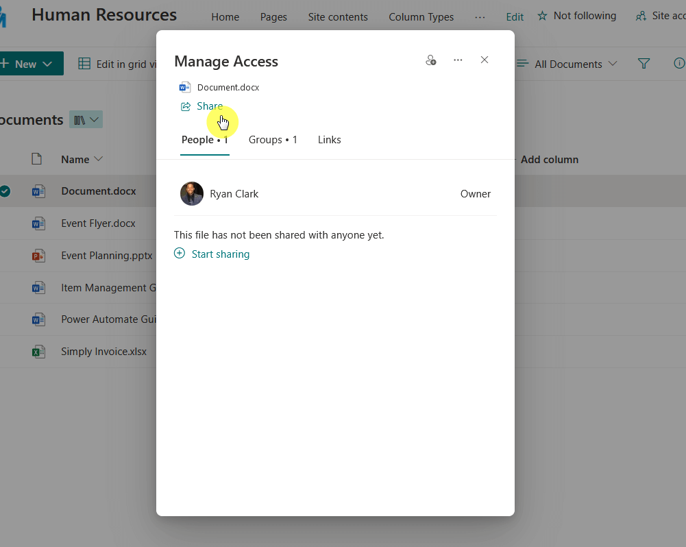 share button in the manage access modal