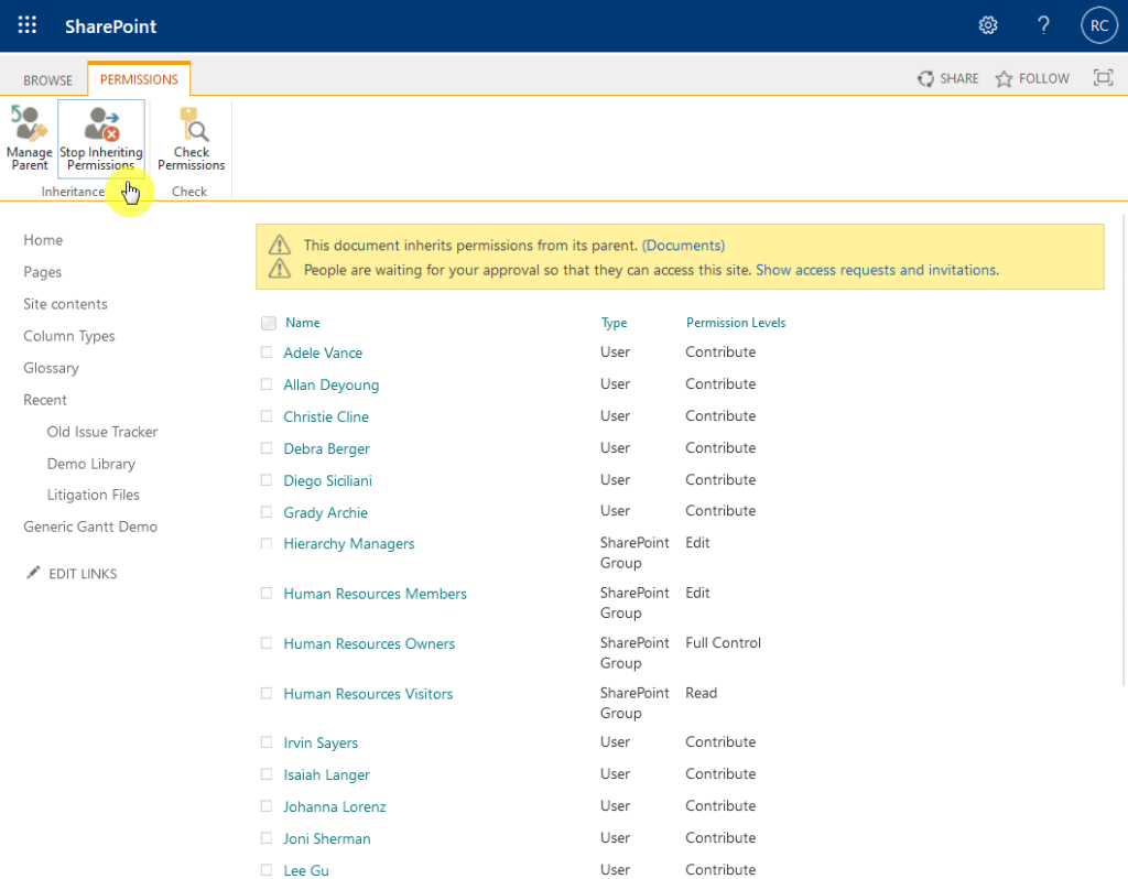 stop inheriting permission settings of the document library