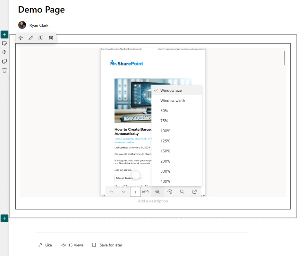 set the pdf view to window size in sharepoint online