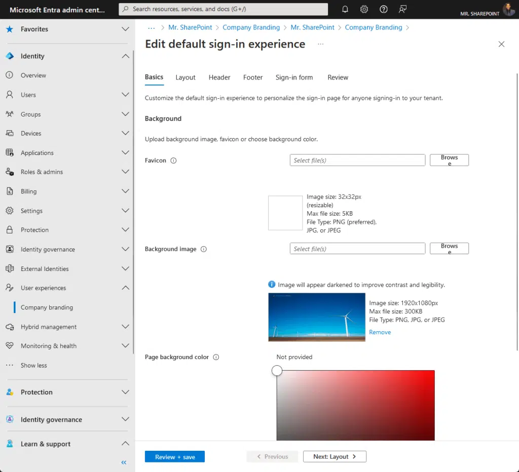 background options for the sign-in experience