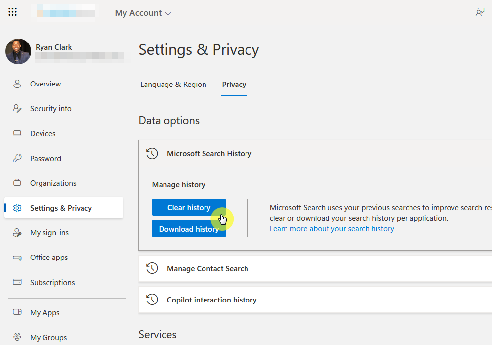 clear the whole microsoft search history