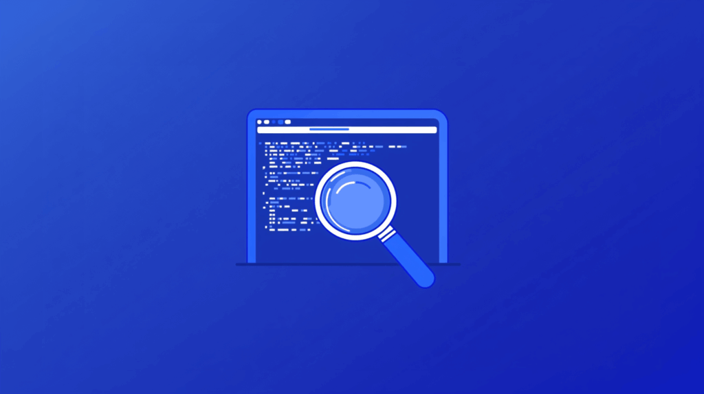 Illustration of a laptop screen displaying lines of code, with a large magnifying glass overlaying the screen, symbolizing code review or analysis, on a blue gradient background.
