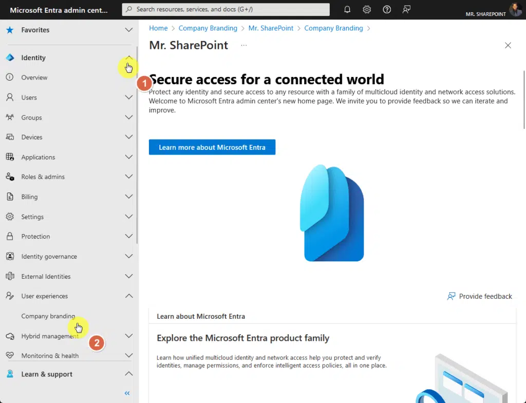 go to user experiences then company branding in identity