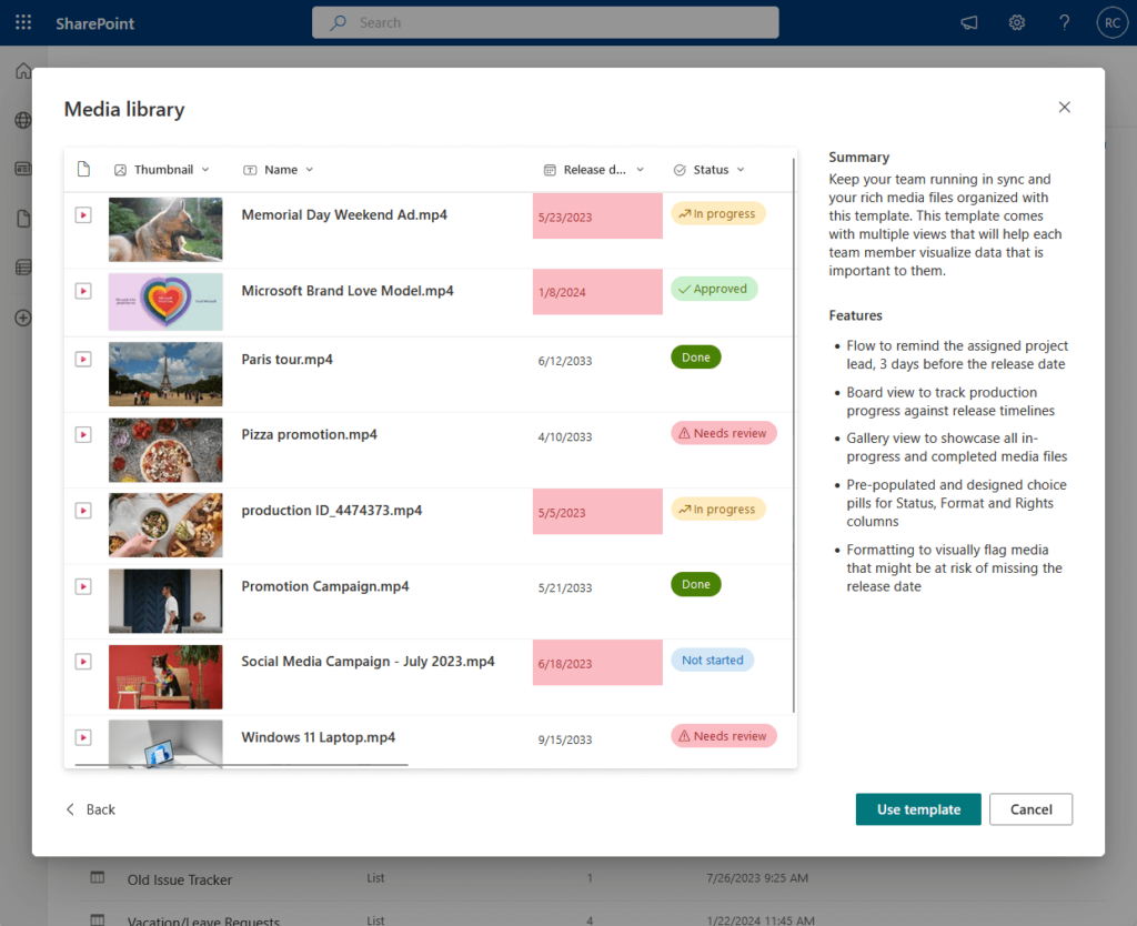 preview of the media library document library template