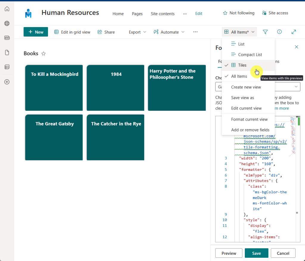 previewing how the tiles view looks like