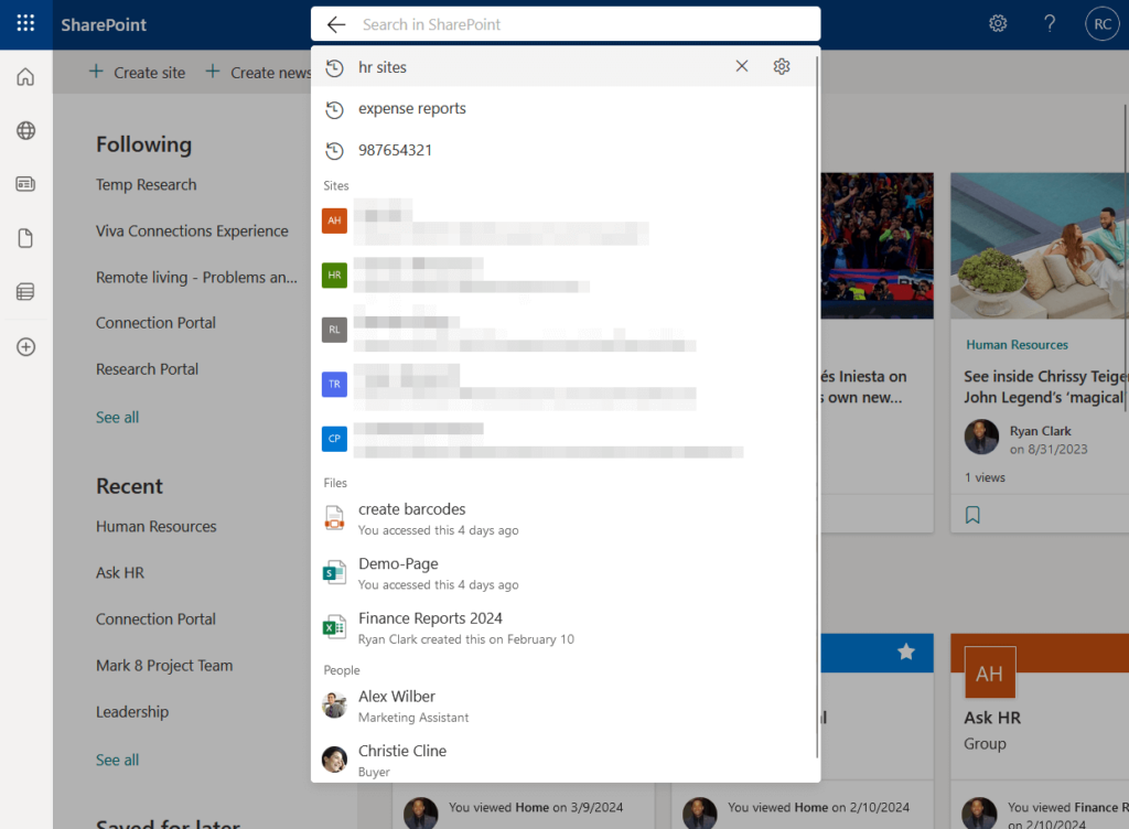 visible search history in sharepoint from the start page