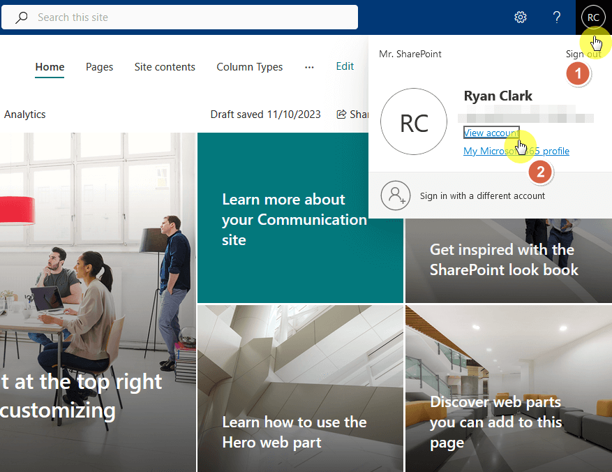 view account under your account name in sharepoint