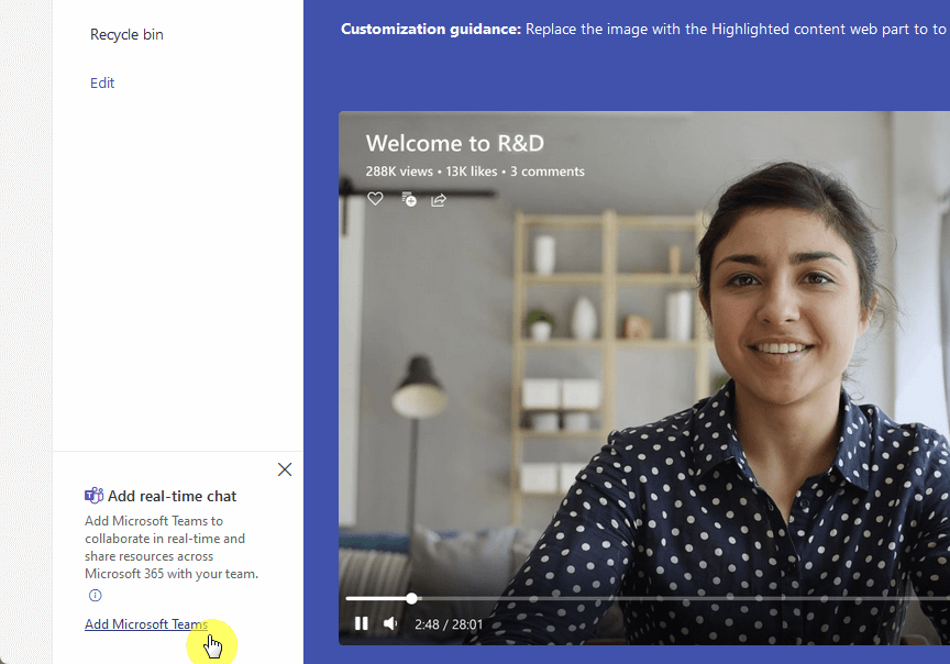 a button for adding microsoft teams to sharepoint site to convert sharepoint online site