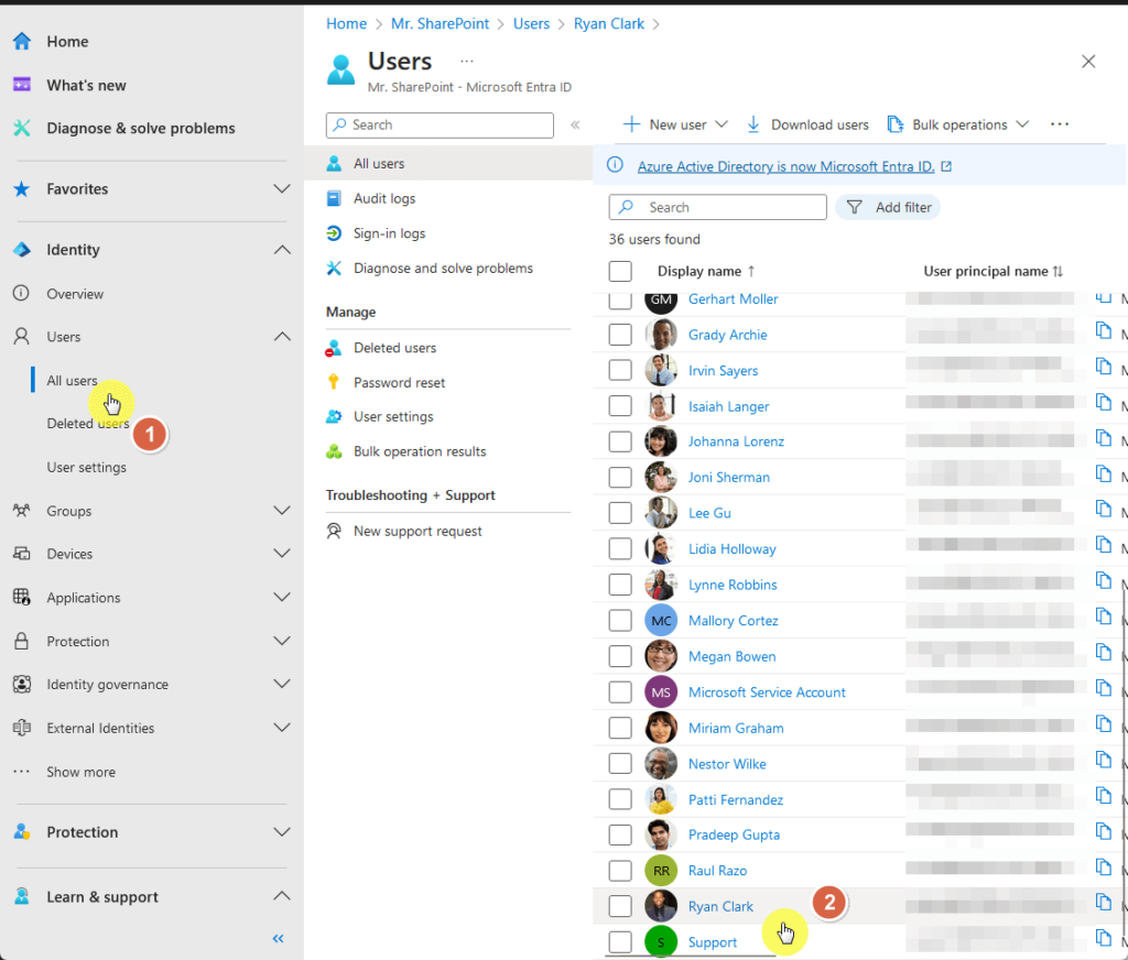The Microsoft Entra ID (formerly Azure Active Directory) admin portal displaying the “Users” section. The sidebar highlights “All users” under the Identity category, while the main panel lists multiple user accounts with display names and principal names. The cursor points to Ryan Clark’s profile in the user list.