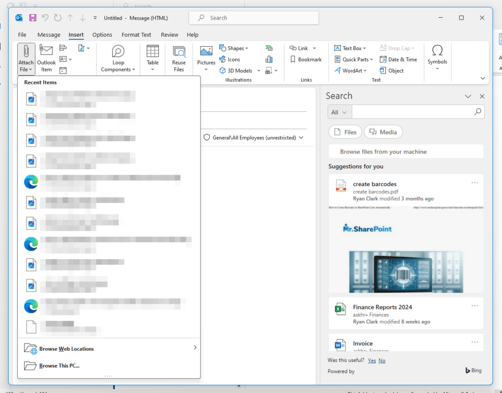 attach files in a new mail using the classic outlook