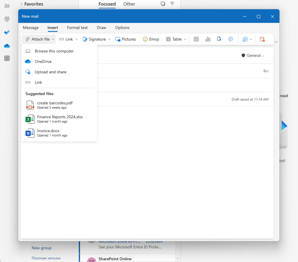 attach files when mail is opened in another window in the new microsoft outlook