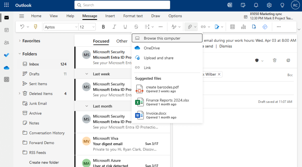 the attachment button from the ribbon on outlook web