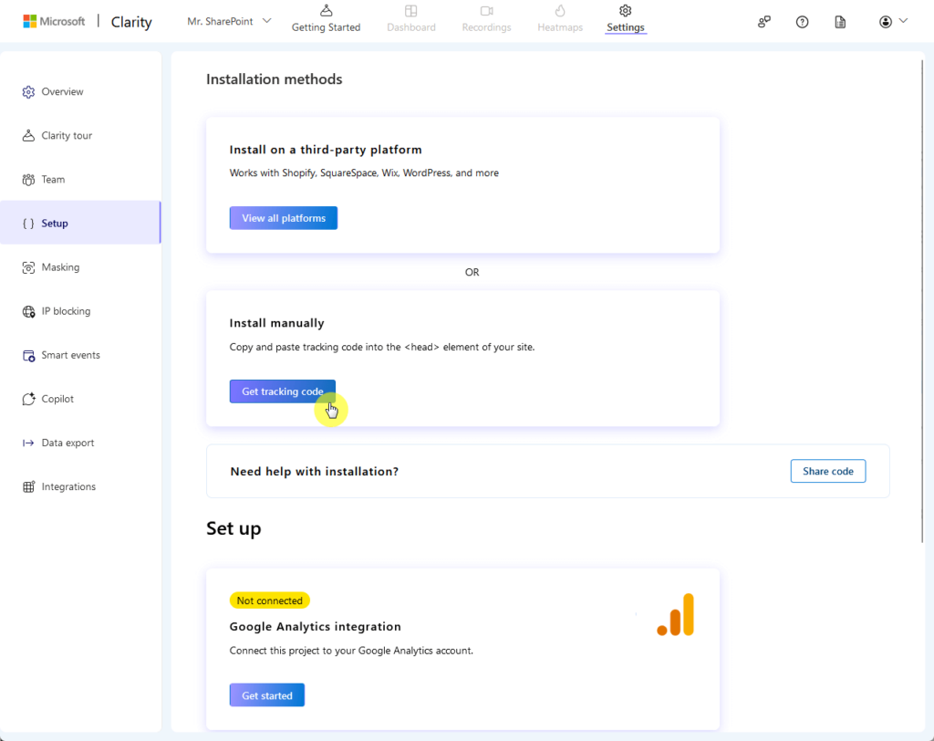 alternative method of getting the tracking code for clarity