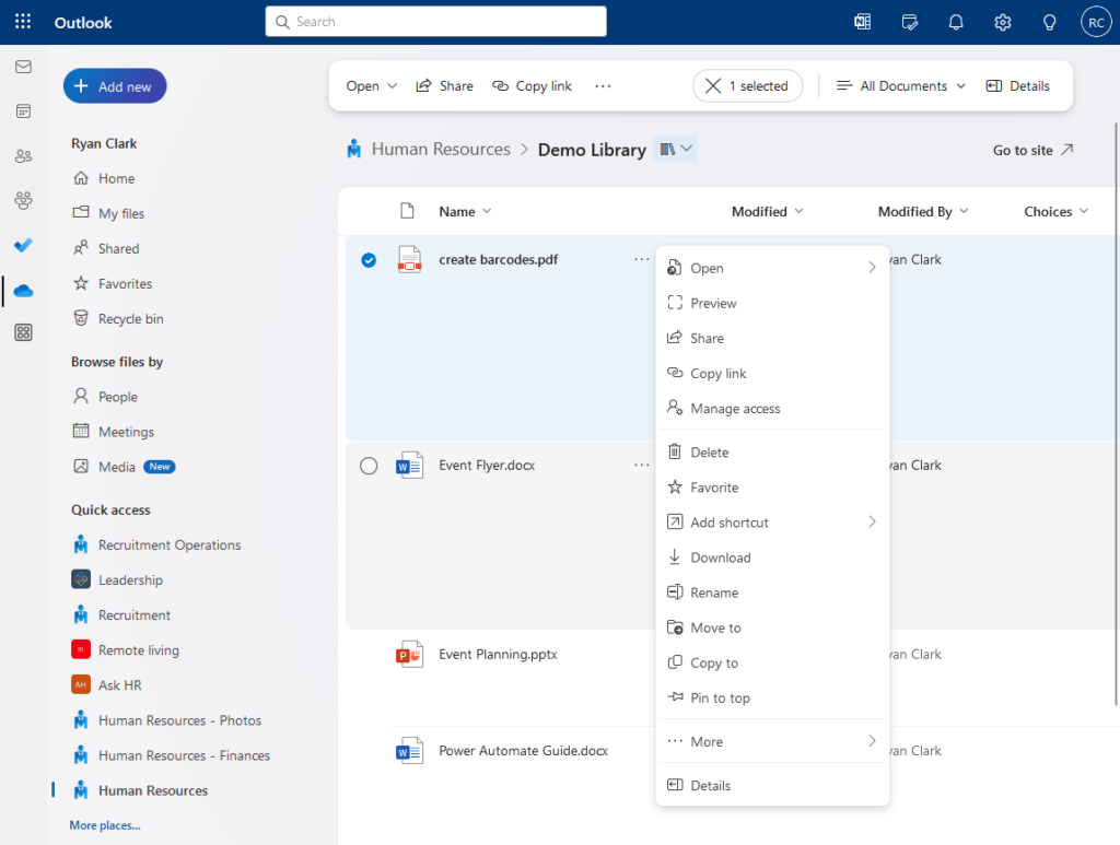 similar interface on a document library when accessed from new outlook