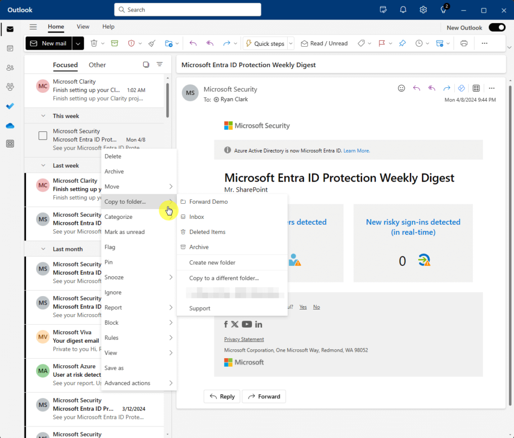copy to outlook folder option after right-clicking an email