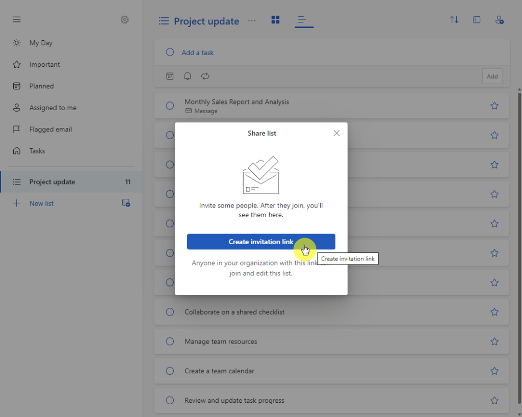 create an invitation link for your to do list in outlook