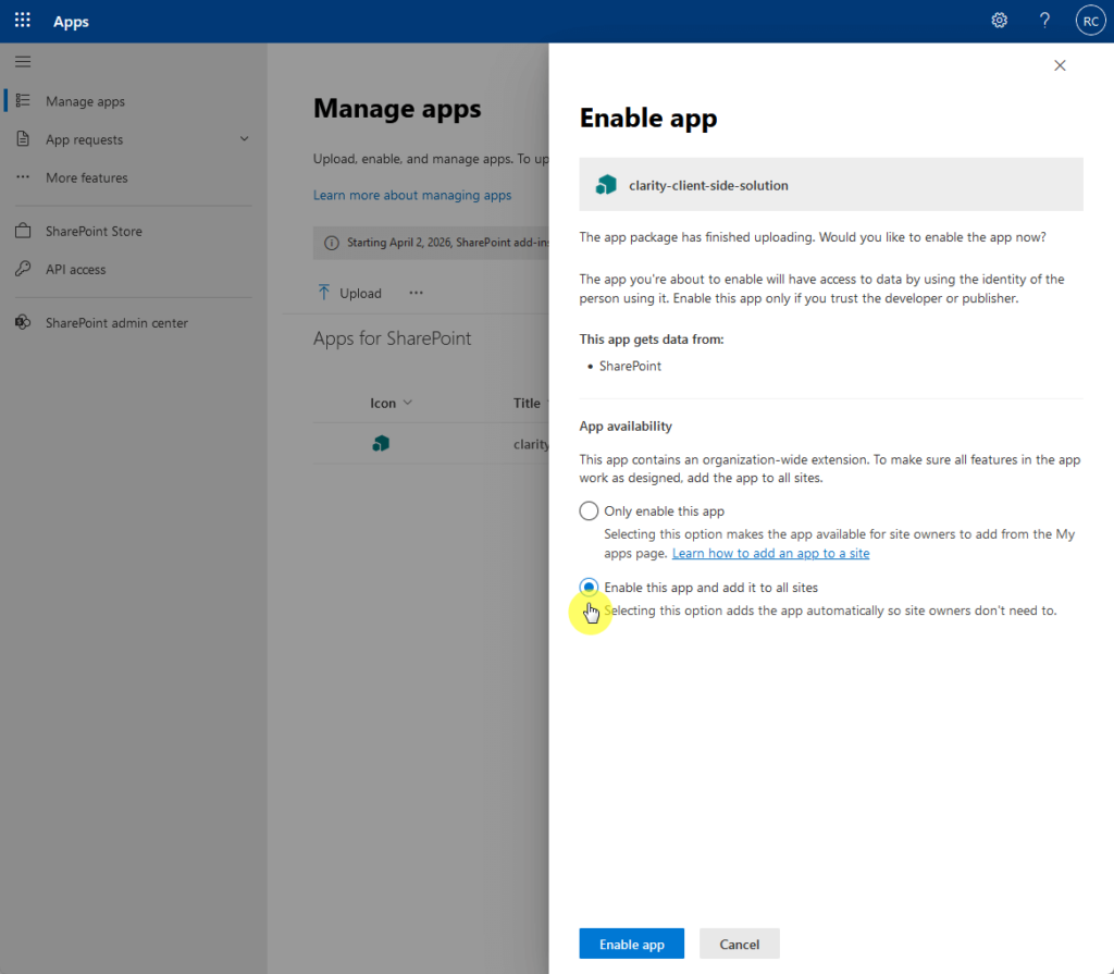 enable microsoft clarity and add it to all sites
