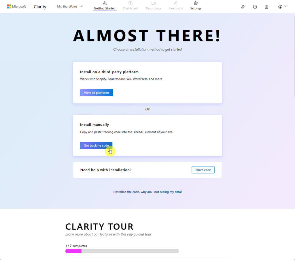 get tracking code to install clarity manually