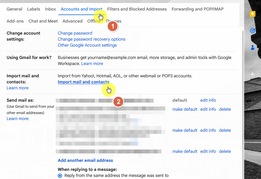 find the import mail and contacts button on the settings