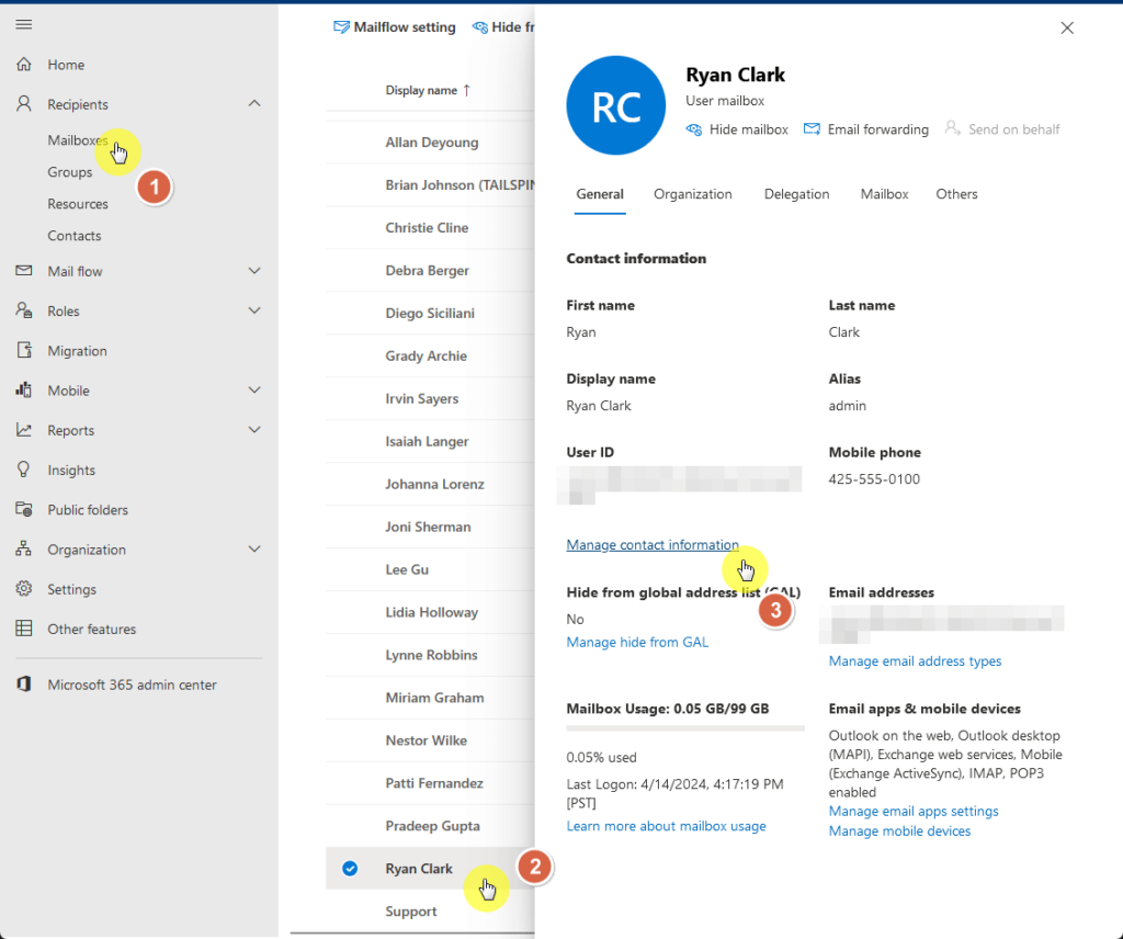 manage the contact information of the user in exchange