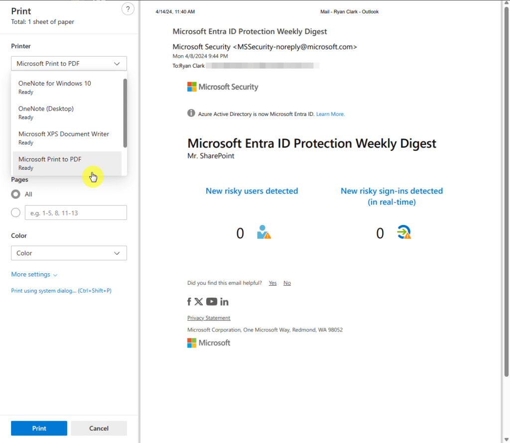 microsoft print to pdf option under the printer dropdown