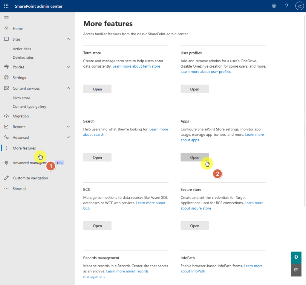 open the sharepoint app catalog from the more features page in the microsoft sharepoint admin center