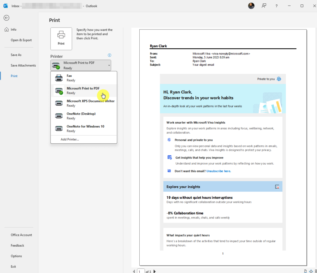 choose the microsoft print to pdf option in the old outlook