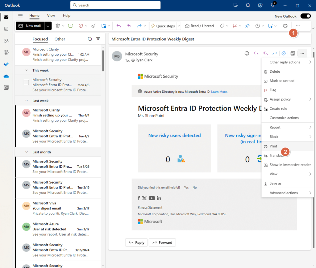 print buttons available in the new outlook