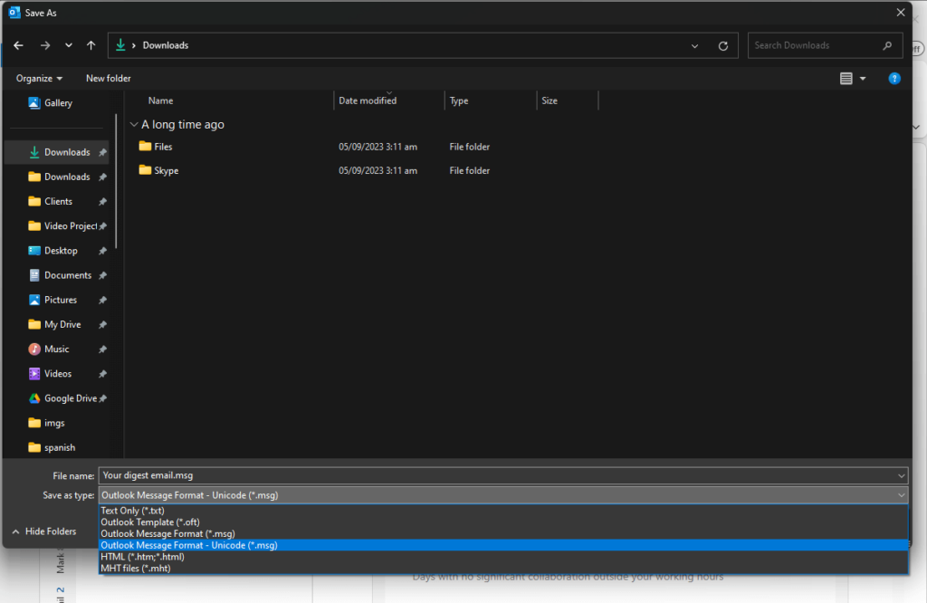 shows the different files types you can save an email as in the old outlook
