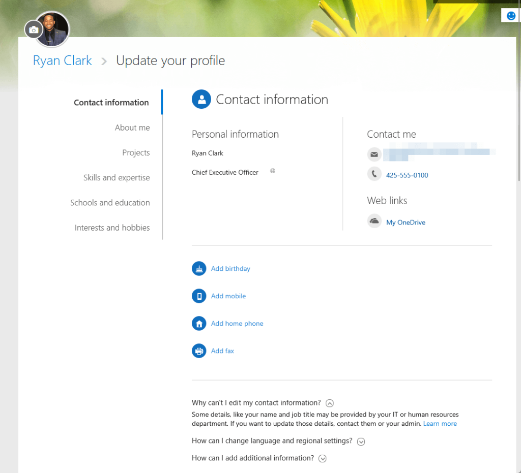 A Microsoft profile page titled “Update your profile” displaying Ryan Clark’s contact information. The page shows his name, job title as Chief Executive Officer, email address, phone number, and a link to his OneDrive. The left sidebar includes menu options such as Contact information, About me, Projects, and Skills and expertise, with options to add birthday, mobile, home phone, or fax.