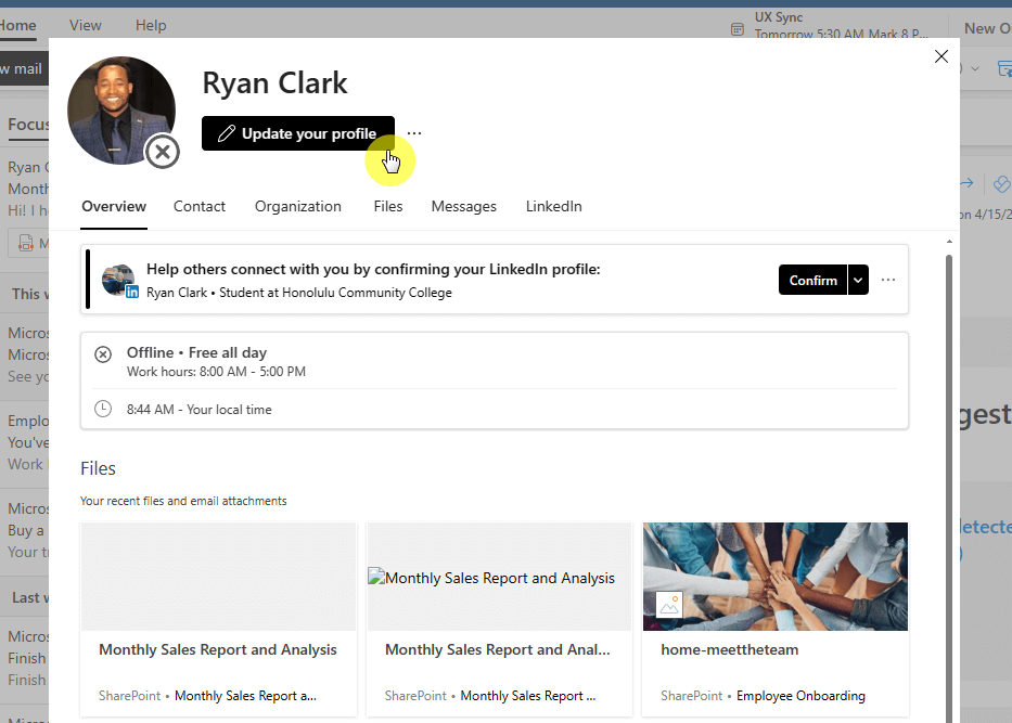 A profile window in Microsoft Outlook showing Ryan Clark’s contact details. The cursor hovers over the “Update your profile” button below his profile photo. The page includes tabs like Overview, Contact, Organization, Files, Messages, and LinkedIn, with a section prompting him to confirm his LinkedIn profile and a list of recent files displayed below.