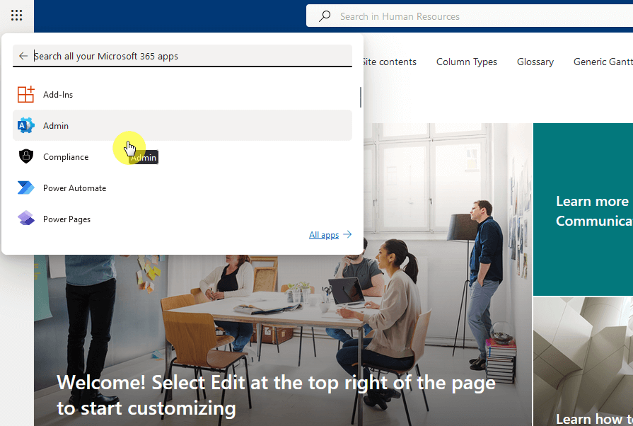 go to the admin center through the app launcher