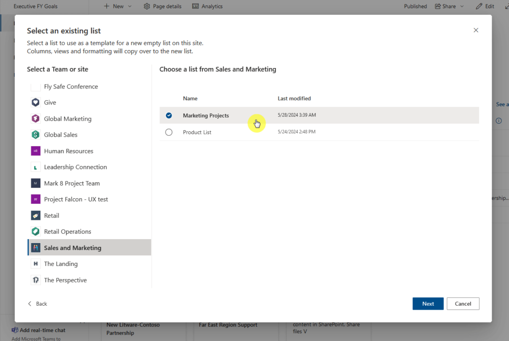 A SharePoint interface showing the “Select an existing list” dialog. The user is selecting the “Marketing Projects” list from the “Sales and Marketing” site. Other available lists include “Product List.” The sidebar shows other sites such as Global Marketing, Human Resources, and Project Falcon. The “Next” button is highlighted at the bottom.