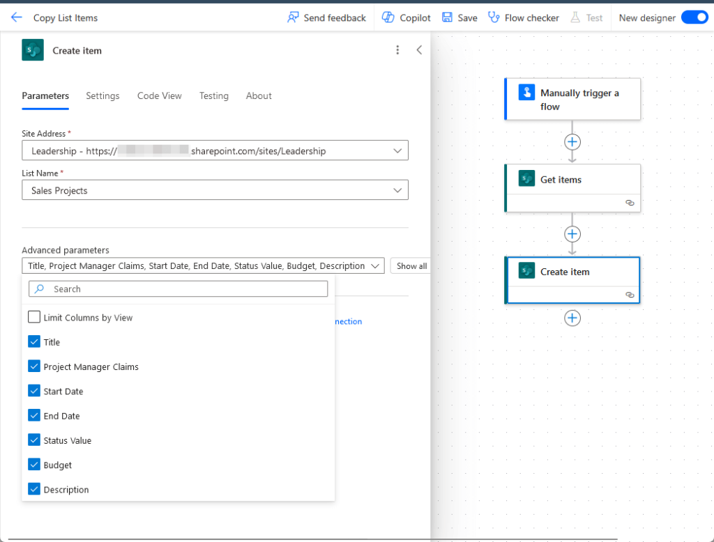 create item parameters power automate
