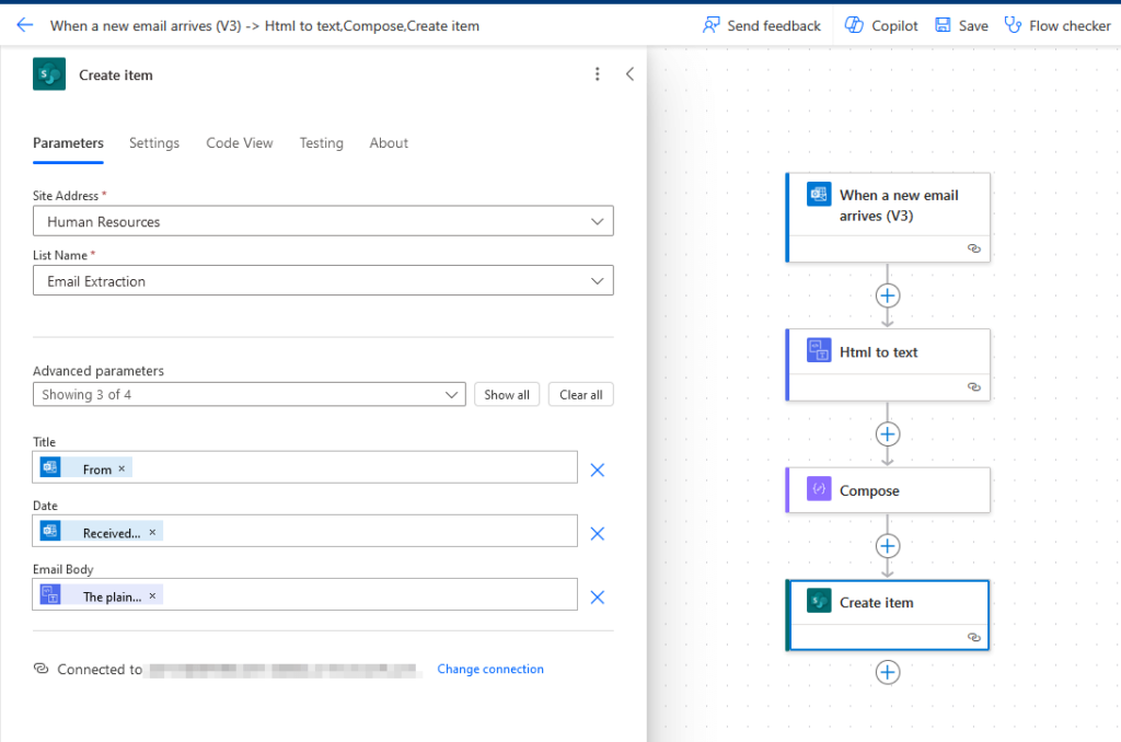 create item parameters when extracting the whole email body