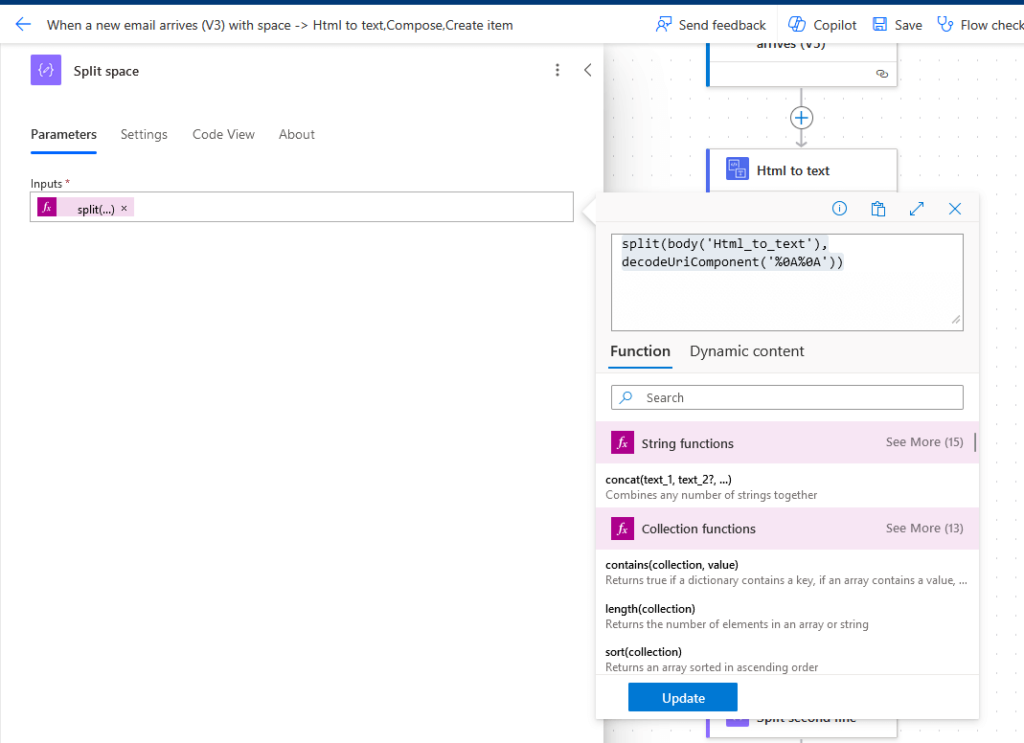 split action to separate the text with spaces