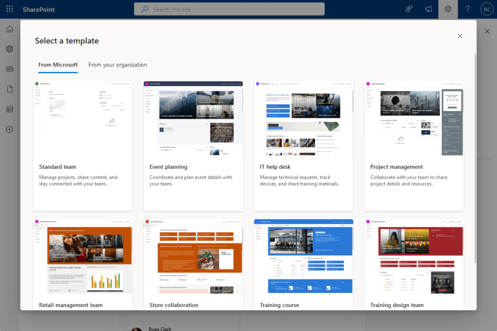 modern team site templates from microsoft