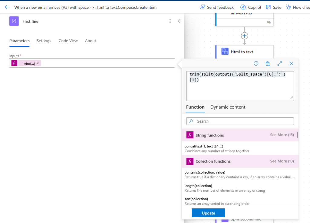 trim the output from the split space action